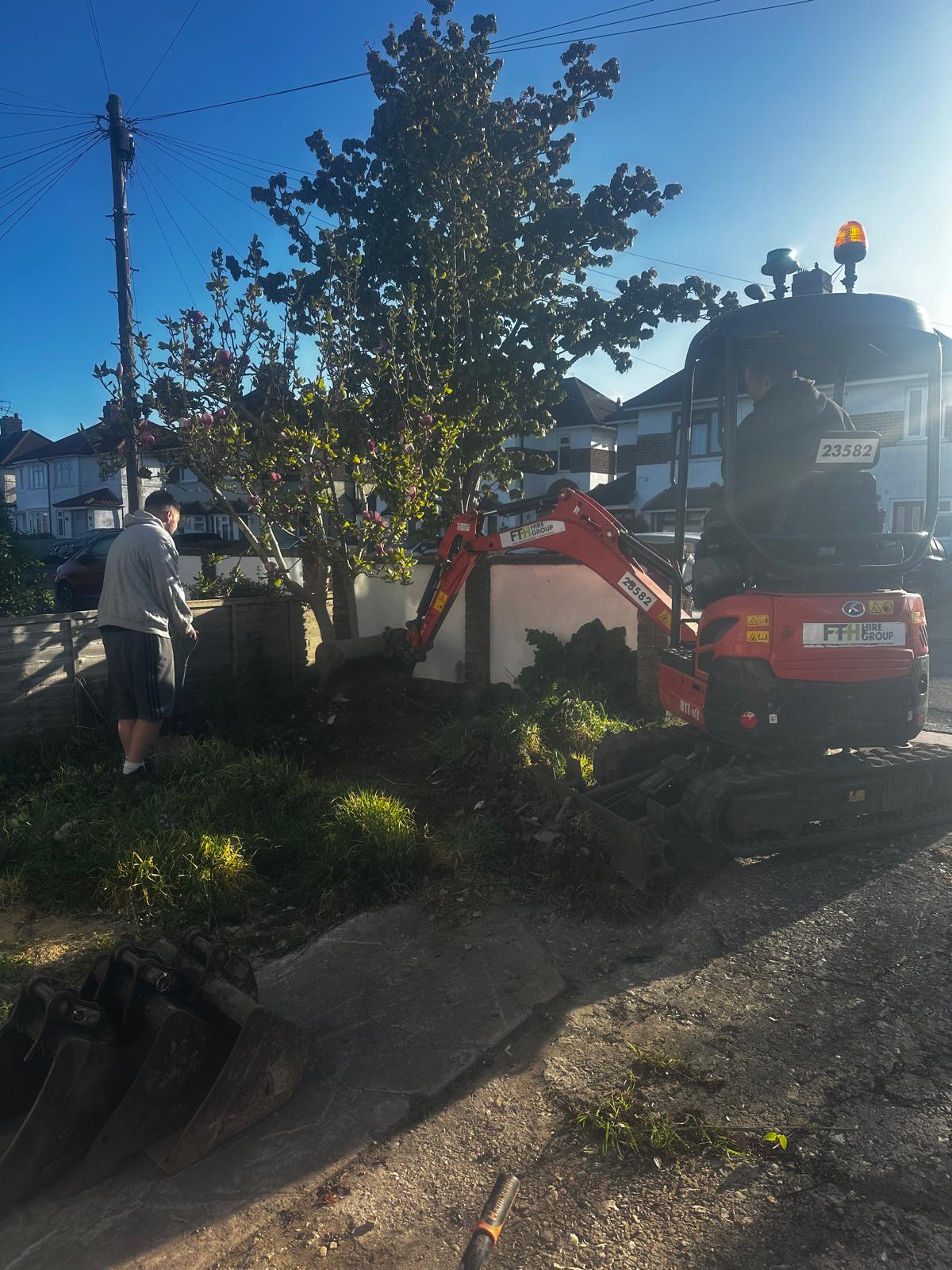 Front garden clearance with mini-excavator